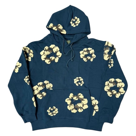 Denim Tears Cotton Wreath All-Over Print Hoodie – Navy Blue – Size Medium –